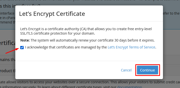 Let's Encrypt Certificate acknowledgement dialog with Continue highlighted